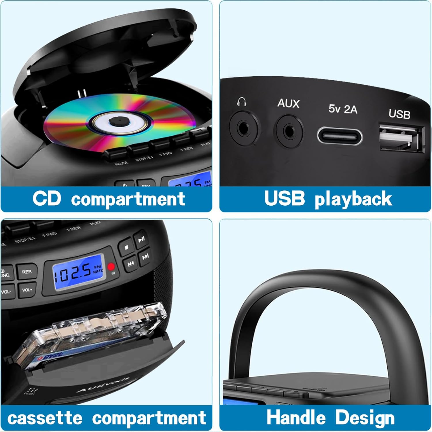 Portable CD and Cassette Player Boombox with Bluetooth, FM Radio, Stereo Speakers, USB and AUX Input, Remote Control, Type C 5V Powered, Works with Power Bank