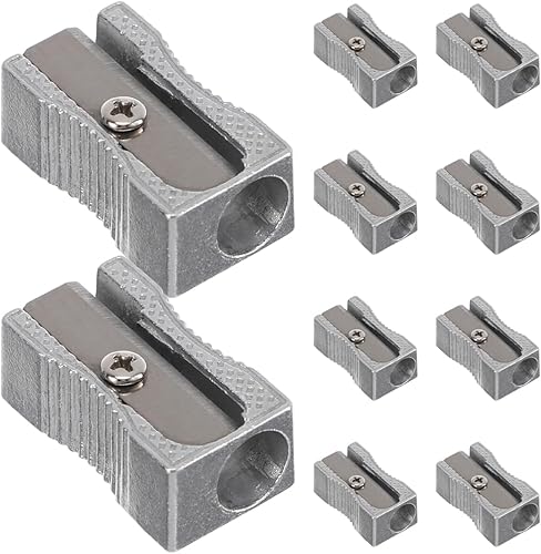 Miniatura 8 de Juego de 10 sacapuntas de metal doble a granel, aleación de aluminio, sacapuntas de mano de un solo agujero con hoja de acero para lápiz estándar