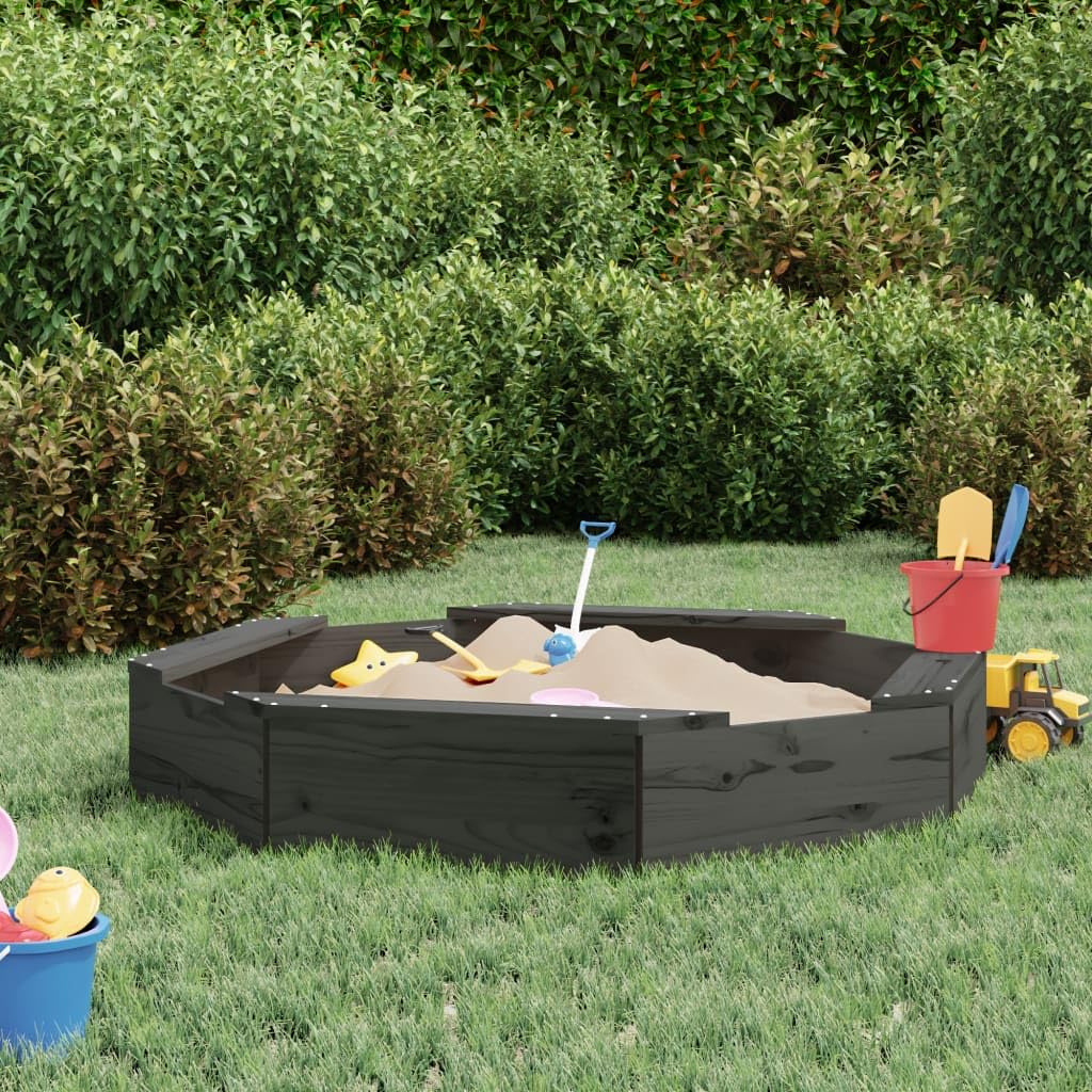 Grauer Sandkasten mit Sitzen aus massivem Kiefernholz achteckig 111 x 111 x 20 cm für 2 Kinder, bodenlos, Außenbereich für Garten, Terrasse, Hof und Balkon