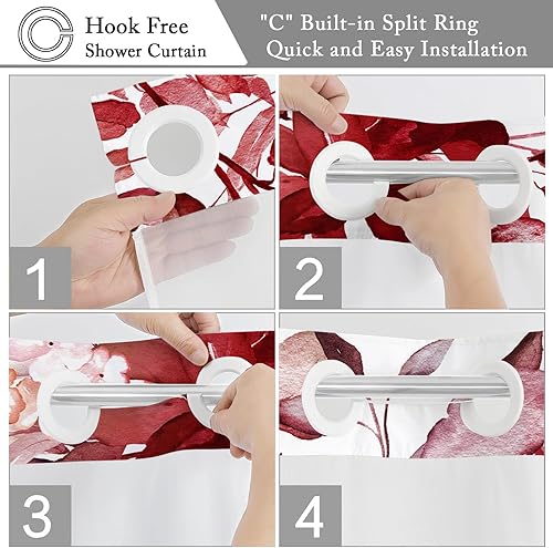 Miniatura 4 de Gibelle Juego de cortina de ducha sin gancho con forro de tela a presión para baño, cortina de ducha estilo hotel con hojas de eucalipto rojo