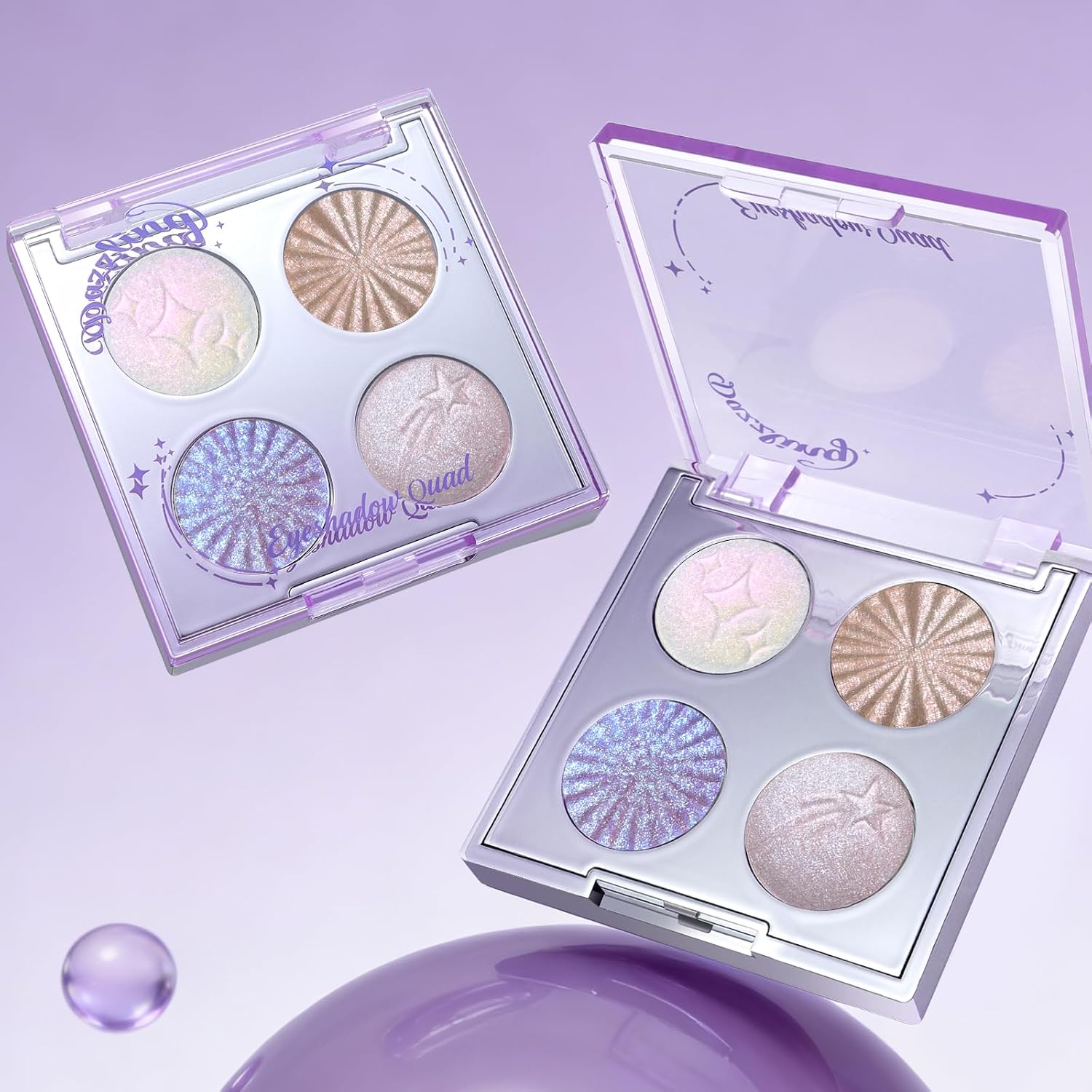 Noerrors Duochrome Shimmer Eyeshadow Quad Palette-Purple Blue Mermaid Pink Champagne Holographic Gloss Finish Metallic Glitter Eyeshadow, Ethereal Half Magic Sparkly Cream Eye Highlighter Fairy Makeup