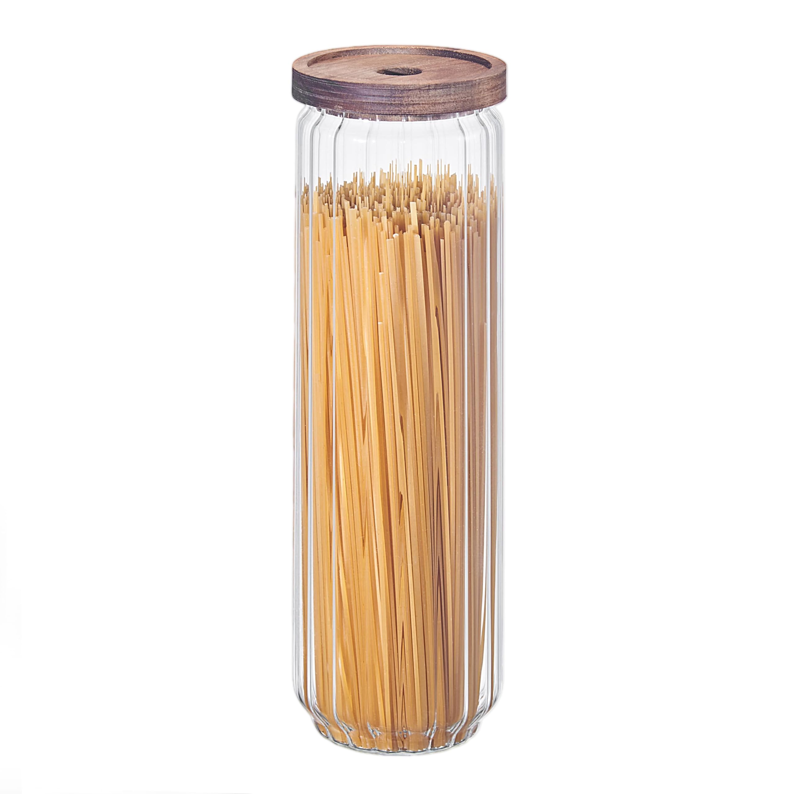 Eden & Willow Transparent Ribbed Airtight Glass Kitchen Storage Jar With Acacia Wooden Lid - Pantry Organisation Canisters For Coffee, Tea, Sugar, Flour, Pasta, Spices, Grains, Oats (1, 1500Ml)