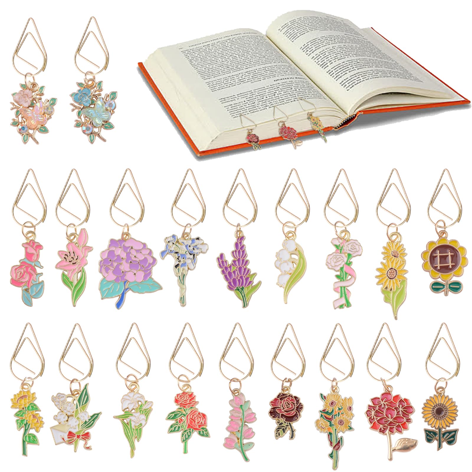 HICOHAND Flower Paper Clips, 20pcs Floral Aesthetic Metal Bookmarks with Alloy Enamel Flower Pendants for Readers Page Trackers Writers and Teachers