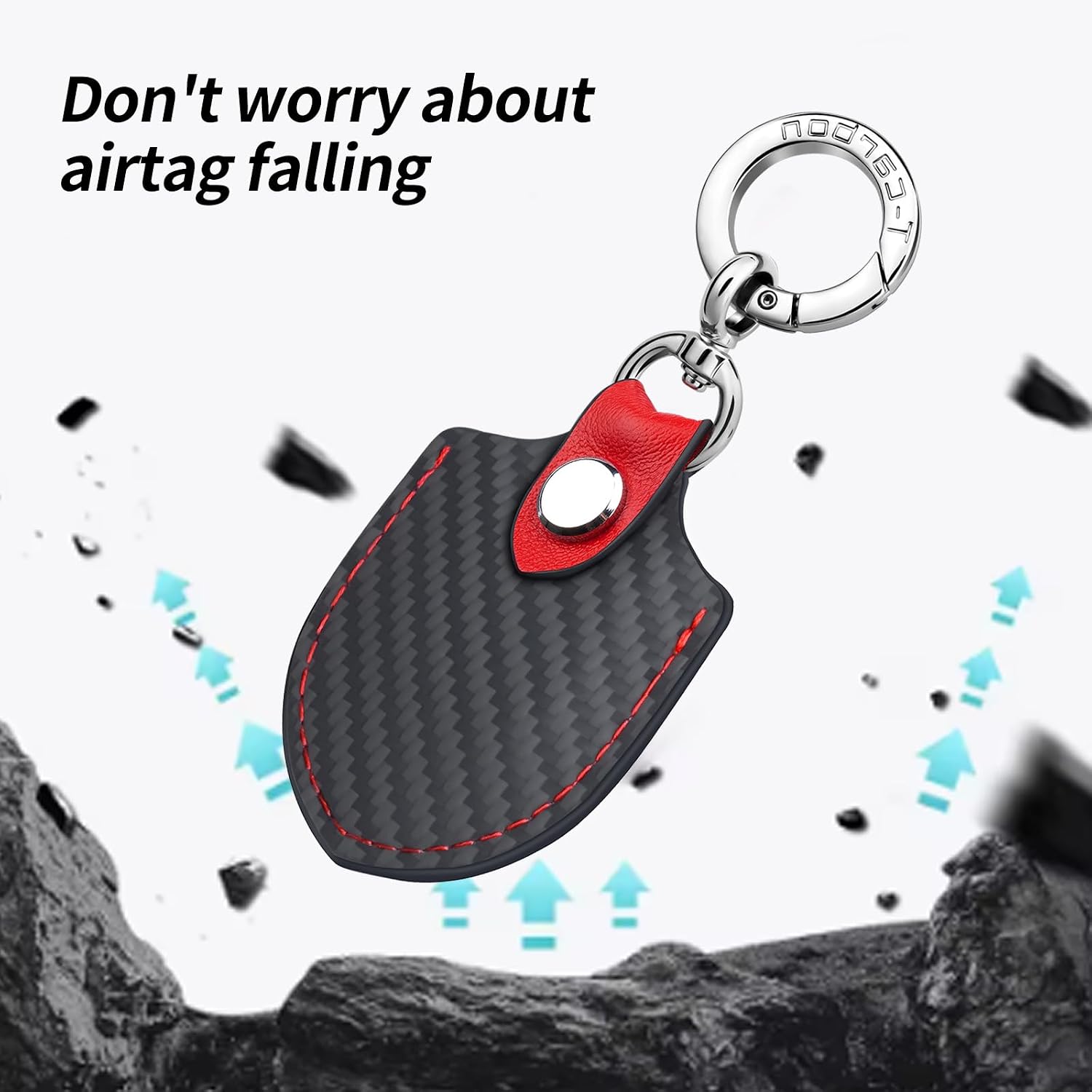 T-carbon Airtag Holder for Key Fob;Leather and Carbon Fiber Handmade Case Fits Apple AirTags Ring;Anti-Lost Holder Case with Key Ring for Luggage;Access Card Pouch;RFID Key Fob Bag; 2 PCS