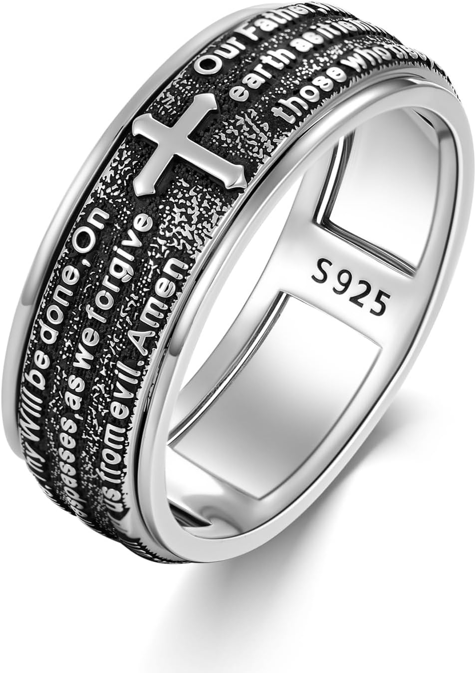 Cross Ring for Men 925 Sterling Silver Our Father Prayer Spinner Band Rings Size 9-12 Christian Jewelry for Dad Husband