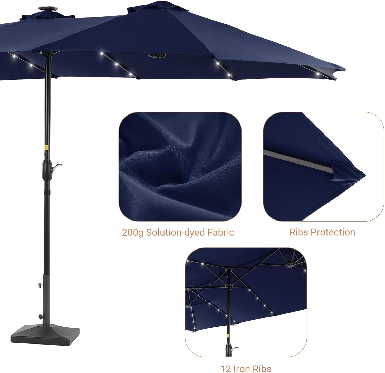 15ft Large Patio Umbrella with Solar Lights, Outdoor Double-Sided Rectangle Market Umbrella with 12 Sturdy Ribs for Garden Deck Backyard Pool(No Base)