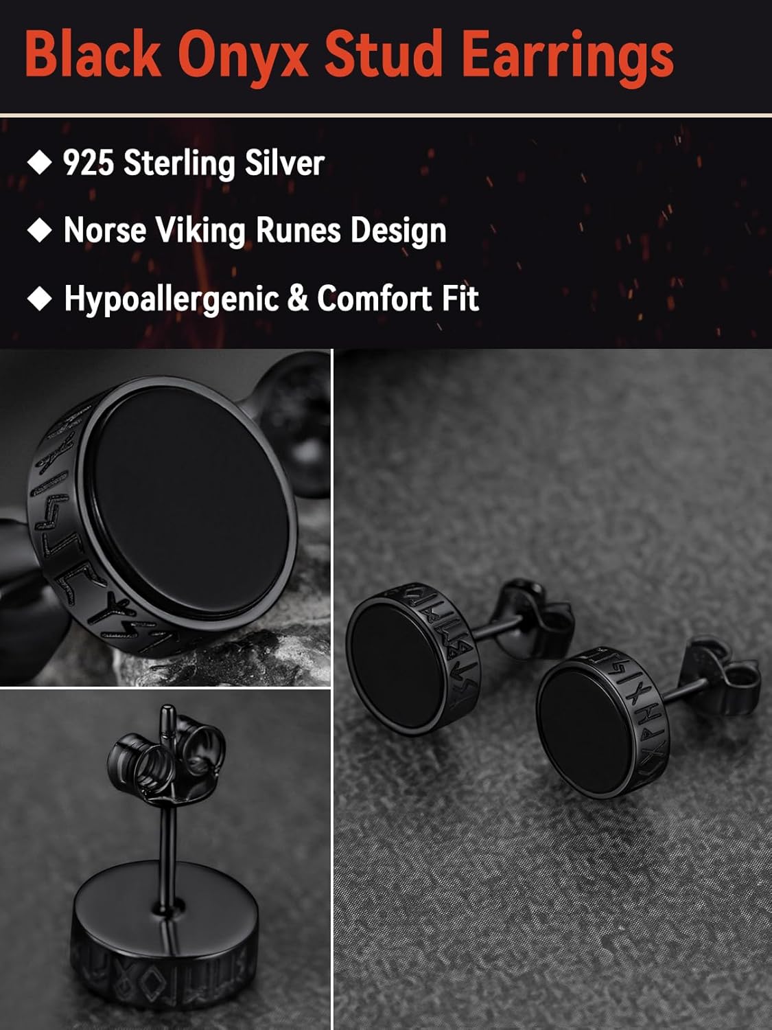 FaithHeart Viking Runes Stud Earrings for Men Silver/Black/Gold Stainless Steel Lightweight Earrings Retro Norse Mythology Jewelry with Gift Box
