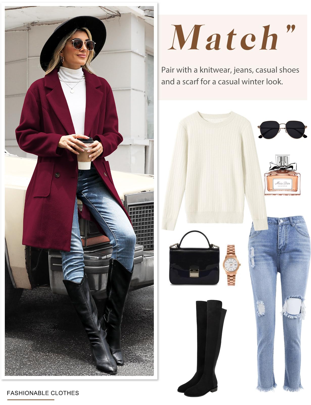CMTOP Wintermantel Damen V-Ausschnitt Revers Mantel Lang Warm Wollmantel Herbst Winter Damen-mäntel Gerade Zweireihiger Übergangsmantel Elegant Damenmantel mit Taschen