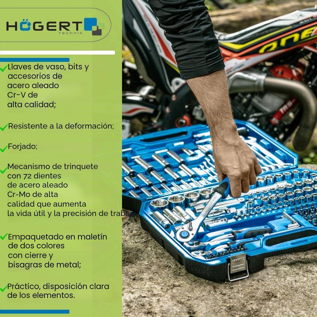 Högert Technik - Caja de Herramientas, Juego de Herramientas, Maletin Herramientas, Llaves de Vaso, Puntas y Accesorios, Acero Cr-V, Mecanismo de Carraca con 72 Dientes - HT1R444, 222 Piezas