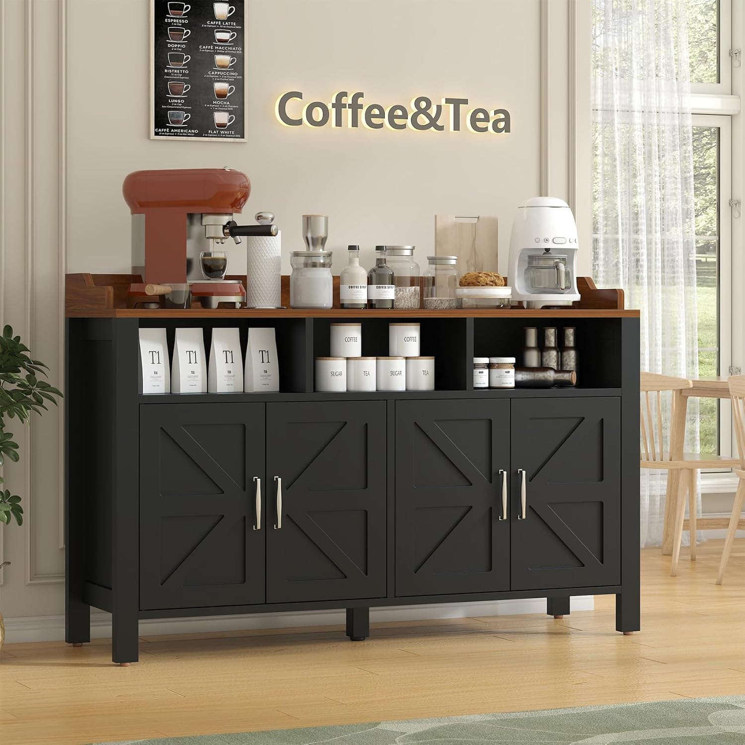 VVFLU Buffet Cabinet with Storage Farmhouse with 4 Doors and 3 Open Compartments, 55'' Large Kitchen Storage Cabinet Black Wood Coffee Bar Buffet Sideboard for Kitchen, Dining Room, Living Room