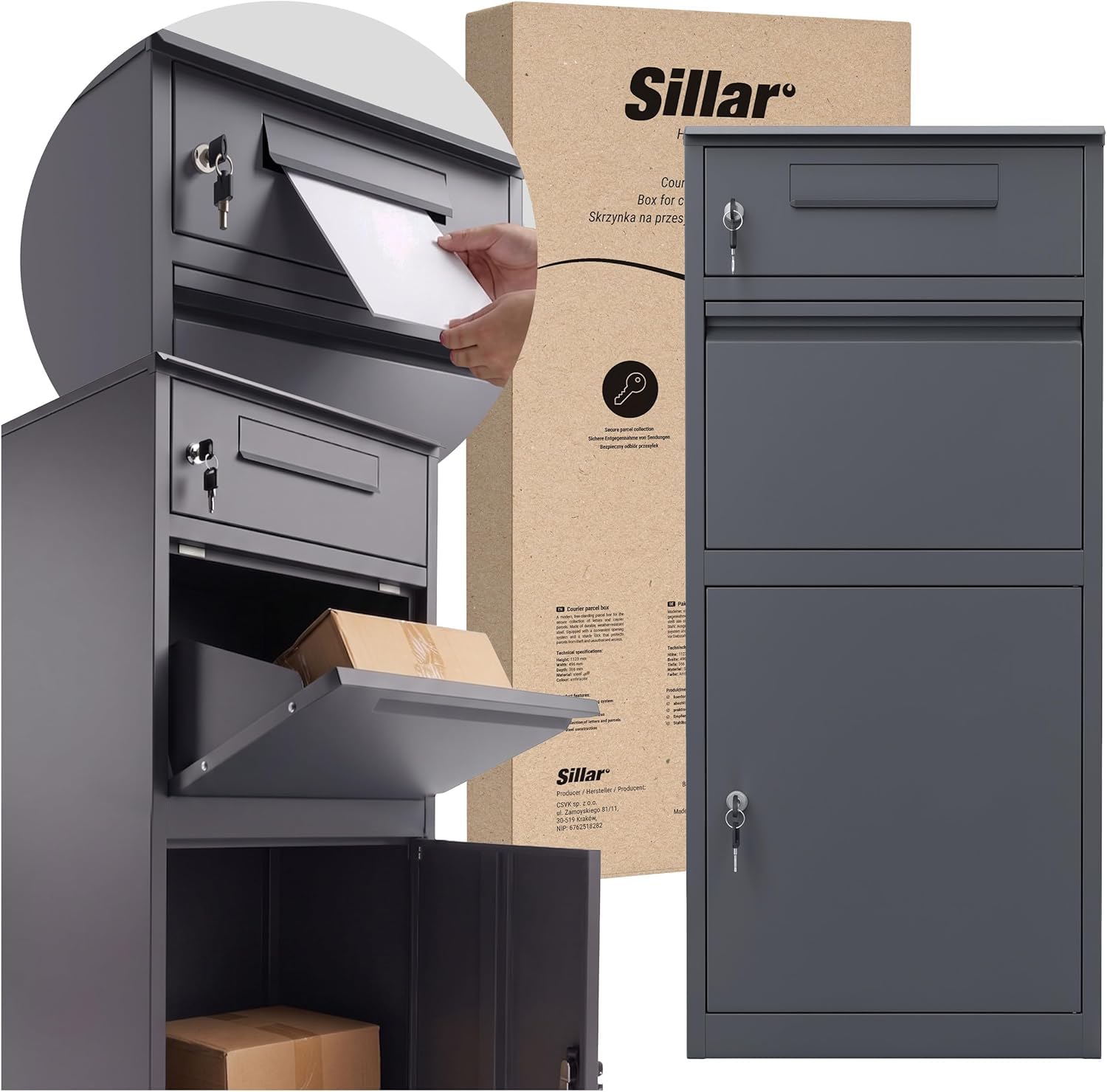 Sillar Buzón para Paquetes y Cartas Exterior (112,3 × 49,6 × 36,6 cm) | Acero aleado, Antracita, resistente a la intemperie, 2 llaves. Para cartas y paquetes, fijación al suelo o en pared