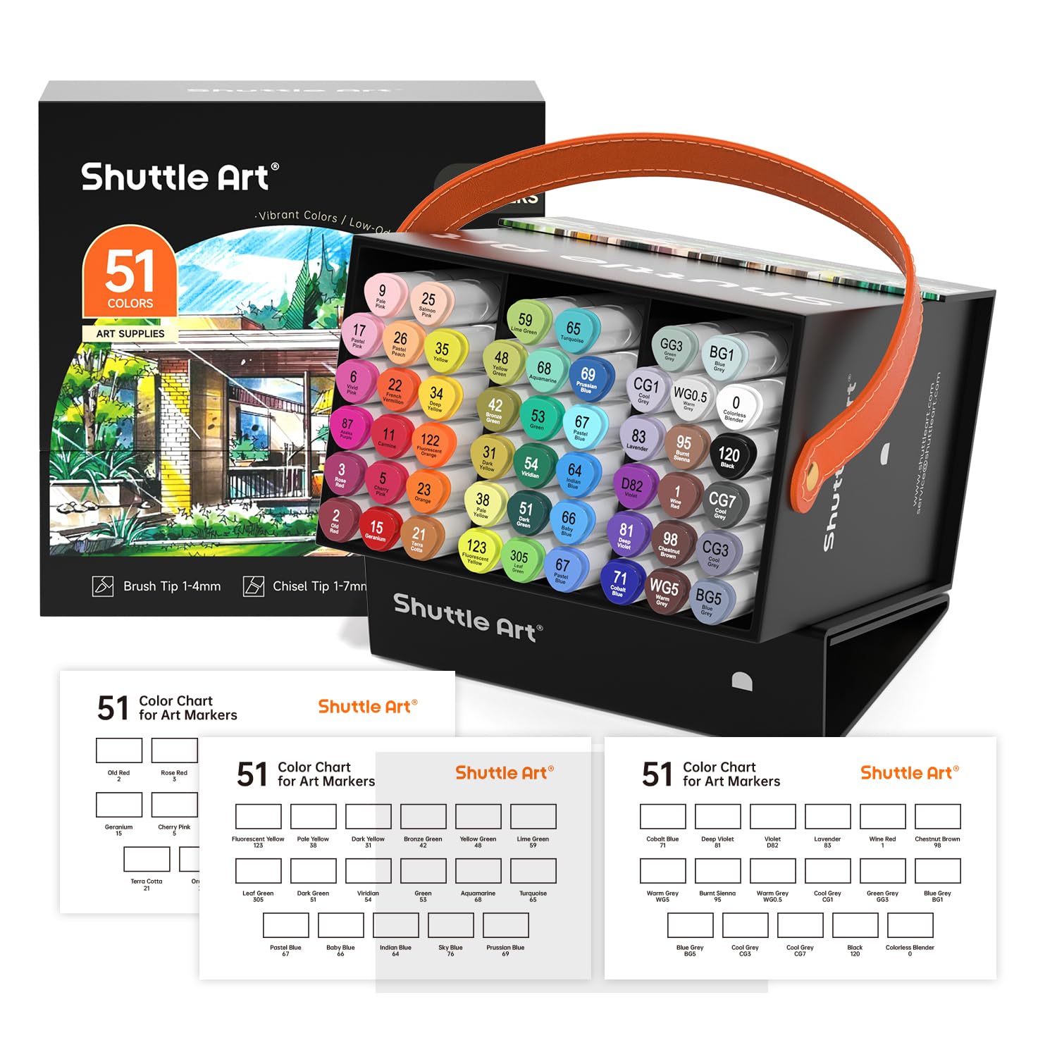 Shuttle Art Alcohol Markers Brush tip, Dual Tip Brush & Chisel Tip Art Marker Set, 50 Colors plus 1 Blender Permanent Marker Pens with Case Perfect for Illustration Students Adults ColoringGlobal Recycled StandardGlobal Recycled StandardGlobal Recycled Standard