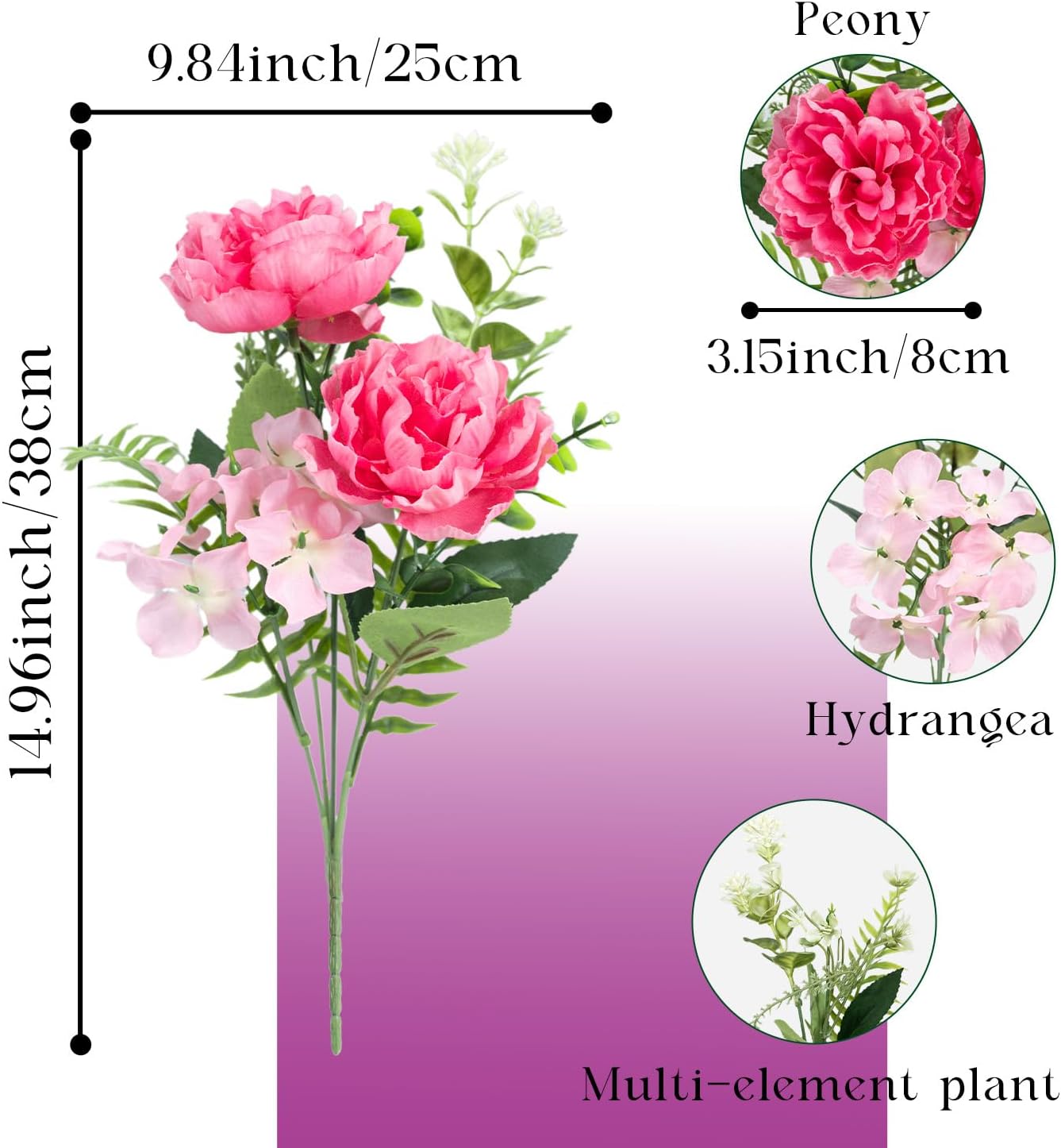 6 Bundles Peonies Artificial Flowers for Outdoors UV Resistant Faux Peony with Hydrangea Fake Flowers Silk Flowers for Outside Front Porch Garden Window Box Planters Decor (Pink)