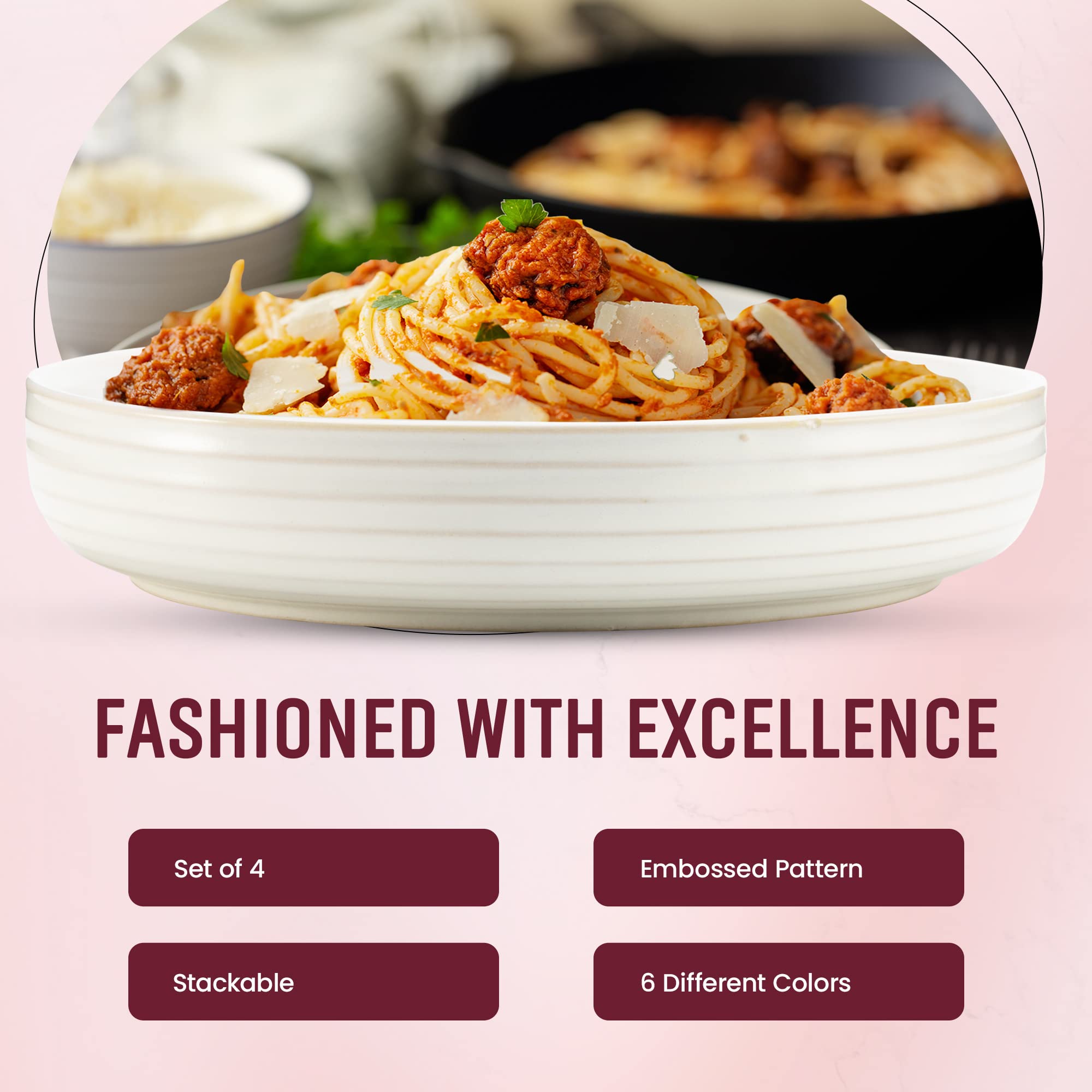 American Atelier Pasta Bowls Set of 4-20 oz, Microwave and Dishwasher Safe, Wide Shallow Stoneware Salad Bowl Set, Dinnerware Plates for Serving Dinner, Kitchen, and Eating (White)