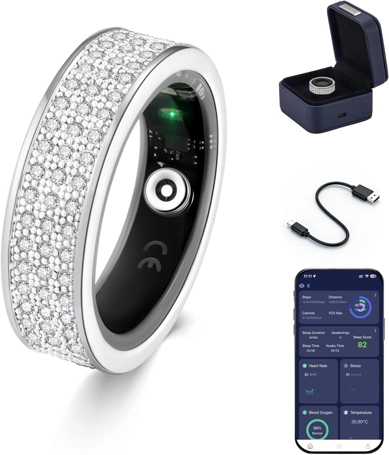 Venlan Moissanite S925 Sterling Silver Smart Health Ring, Luxury Jewelry Sleep Tracker Ring with Fitness Tracking, Heart Rate & HRV Monitor, Wellness Ring & Vital Health Ring for Women (#11)