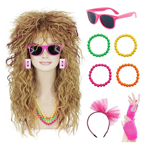 CJK CJ031M - Peluca rizada de los años 70 y 80 para mujer, disfraz de los años 70 y 80, peluca larga de rubio mezclado con marrón, peluca ondulada