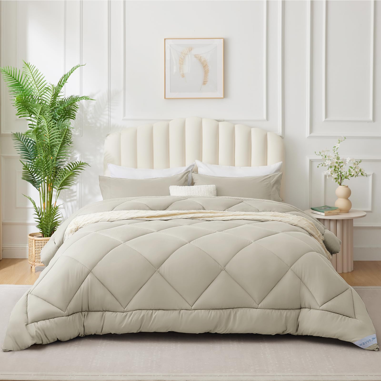 WAVVE Piumino Letto Matrimoniale 4 Stagioni 220x240 - Piumone Autunnale Invernale 220 x 240 cm - Coperta Trapunta 240x220 di Microfibra Sintetico, Beige