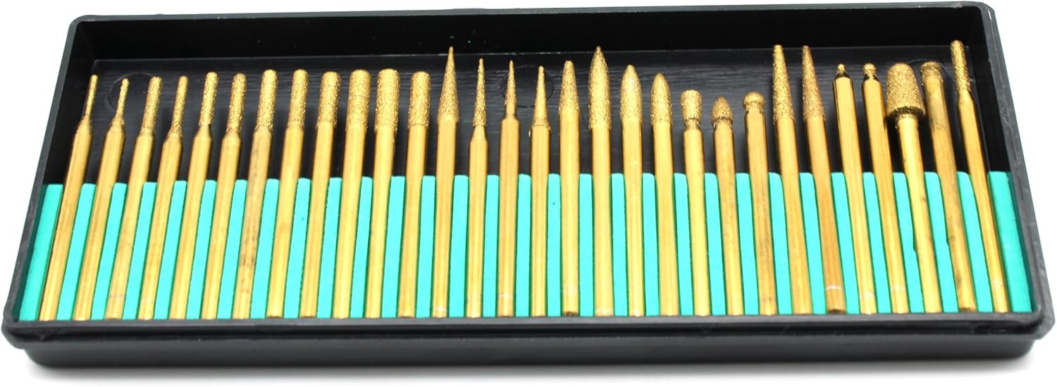 TMAX 30 pc Titanium Diamond Coated Burrs Glass Drill Bit Grit 120 Medium with 1/8 Inch Shank for Dremel and Other Rotary Tools
