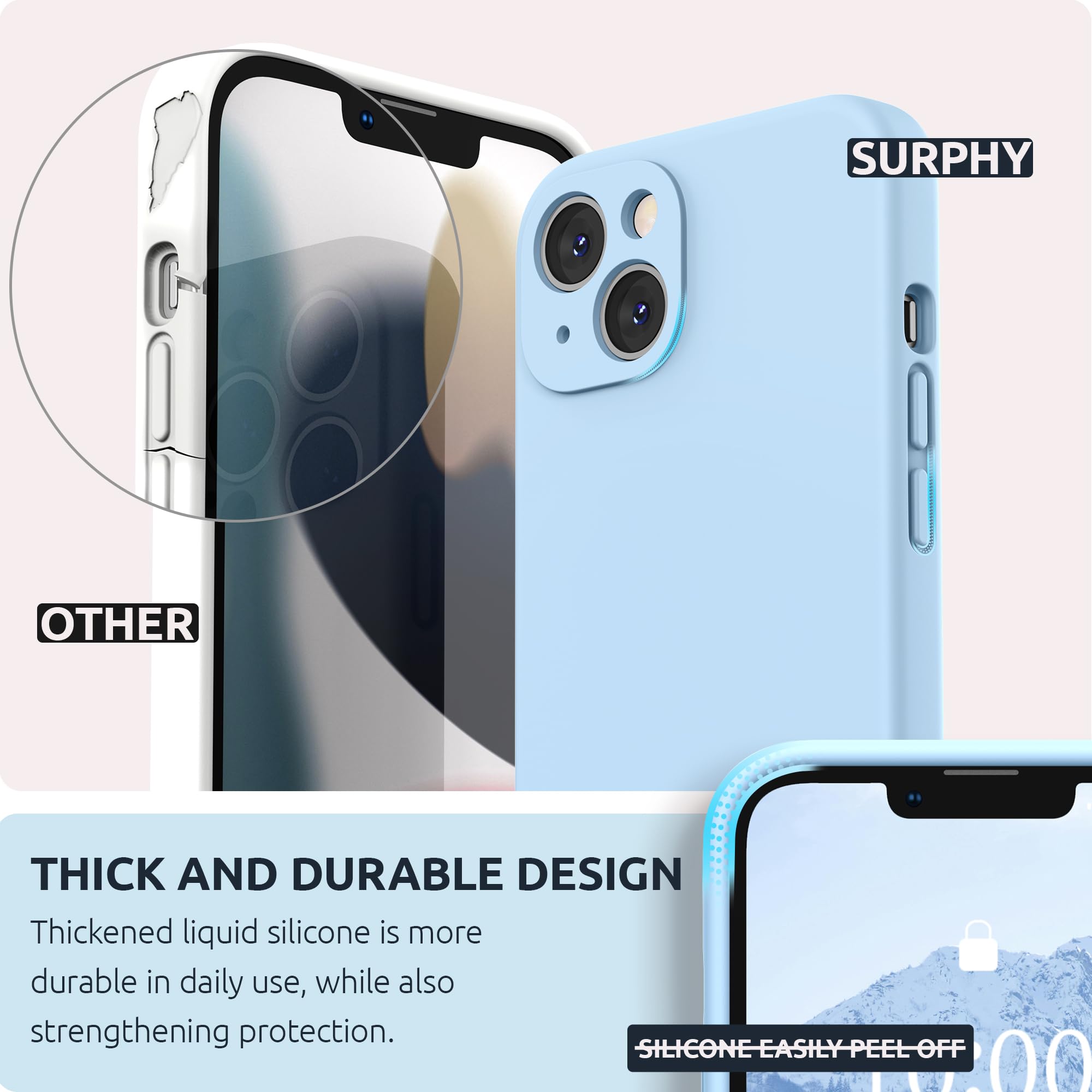 SURPHY Cover Compatibile con iPhone 13 (6,1”), Custodia in Silicone per iPhone 13 Cover Antiurto con Protezione Individuale per Ogni Lente Full Body Protettiva Case per iPhone 13 2021, Blu chiarorde
