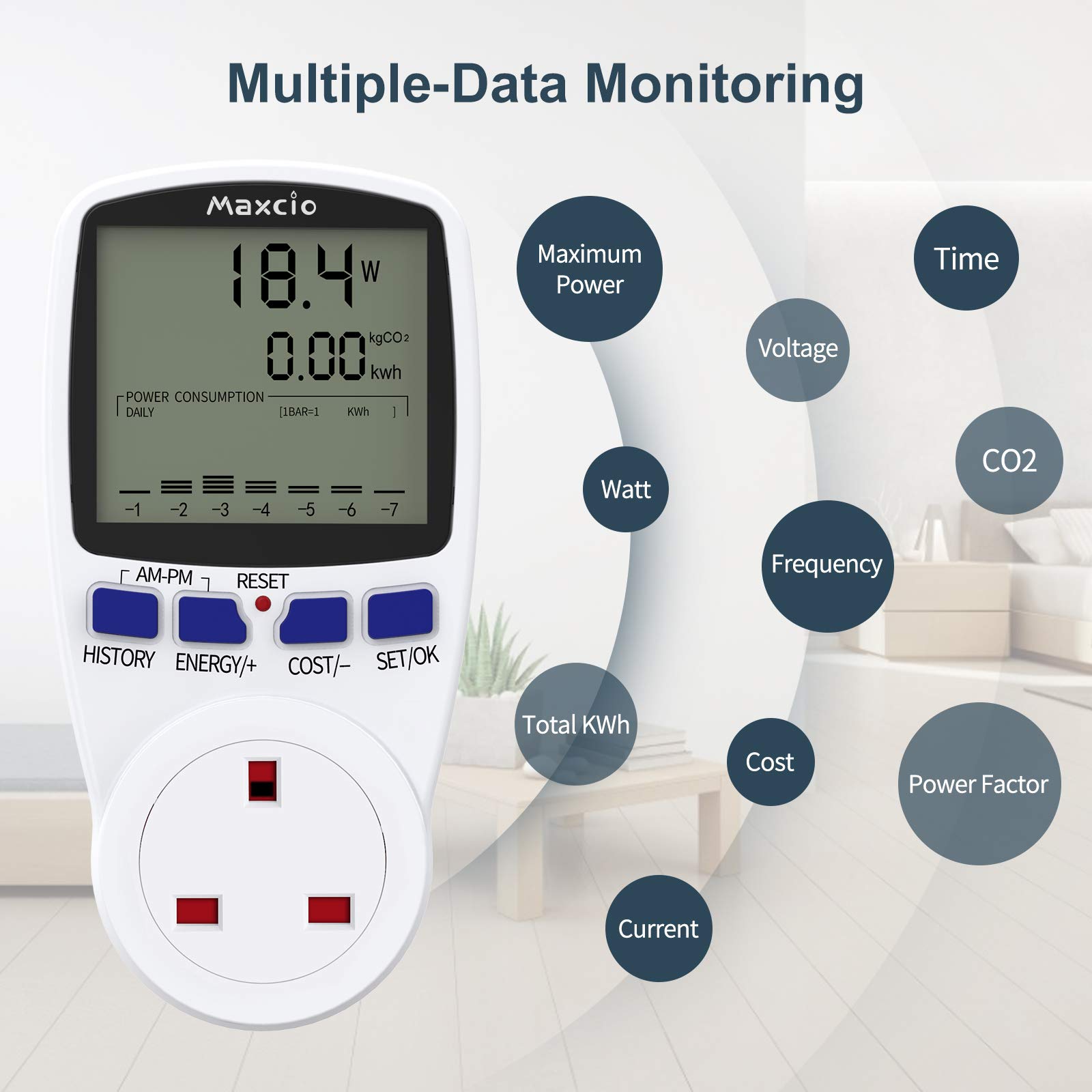 Maxcio Power Meter Energy Monitor Dual Tariffs with LCD Display, 13A