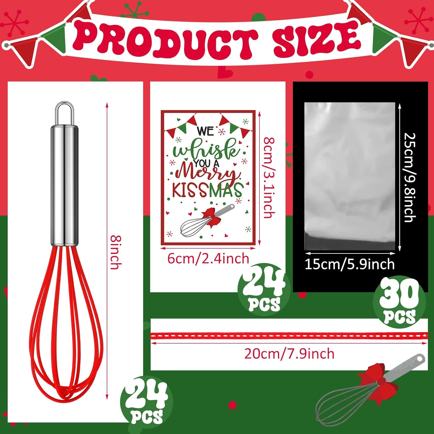 Nuogo 24 Sets Christmas Neighbor Gifts Christmas Whisk Baking Cooking Supplies Includes 8 Inch Stainless Steel Whisk, Greeting Cards, Ribbons, Plastic Bags for Kitchen Supplies Xmas Stocking Stuffers