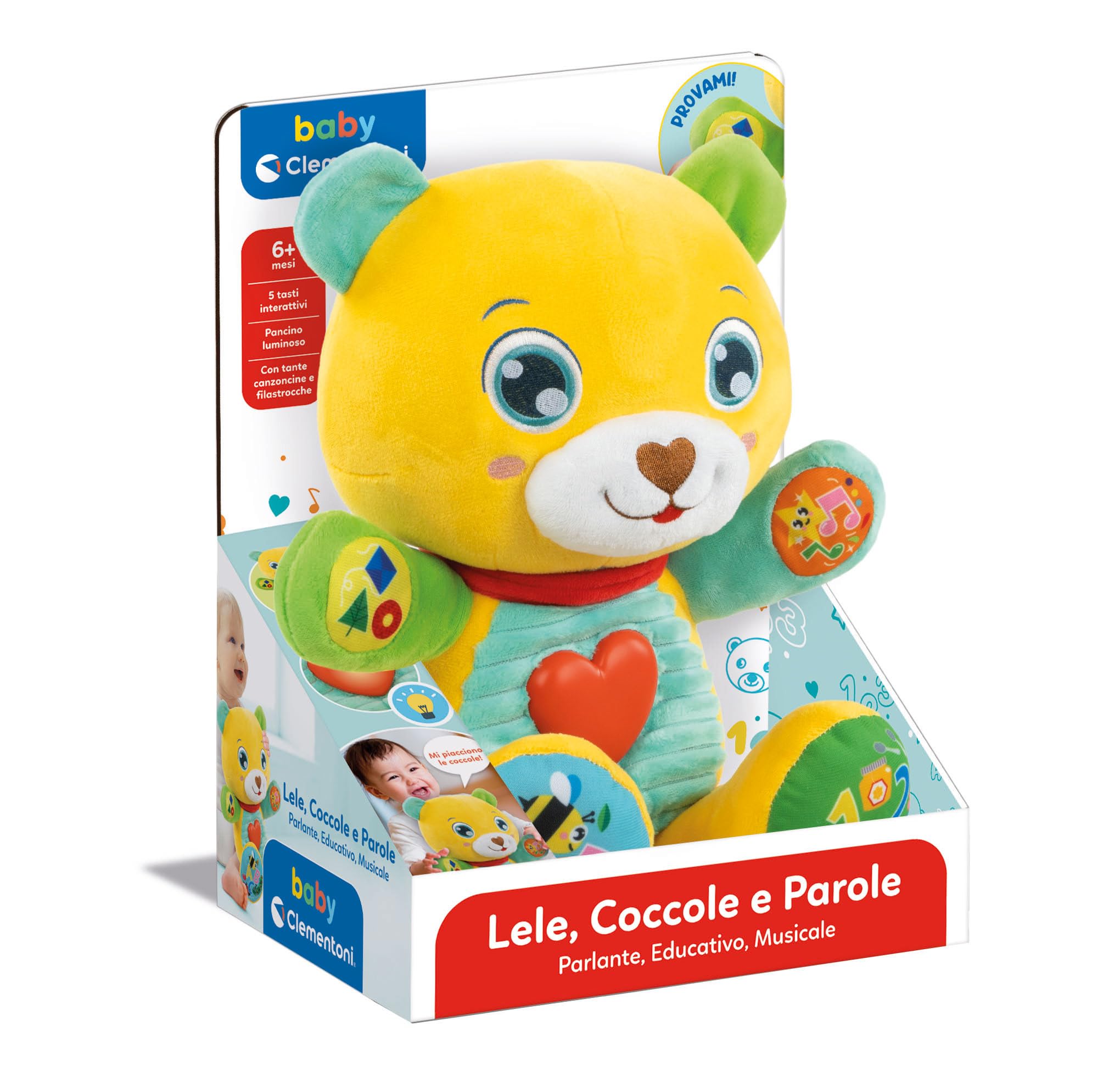 Clementoni Baby Lele Coccole e Parole, Peluche Interattivo Parlante per Bambini di 6+ Mesi, Centro attività Che Stimola Lo Sviluppo Sensoriale e Cognitivo, Lingua Italiana, 17965