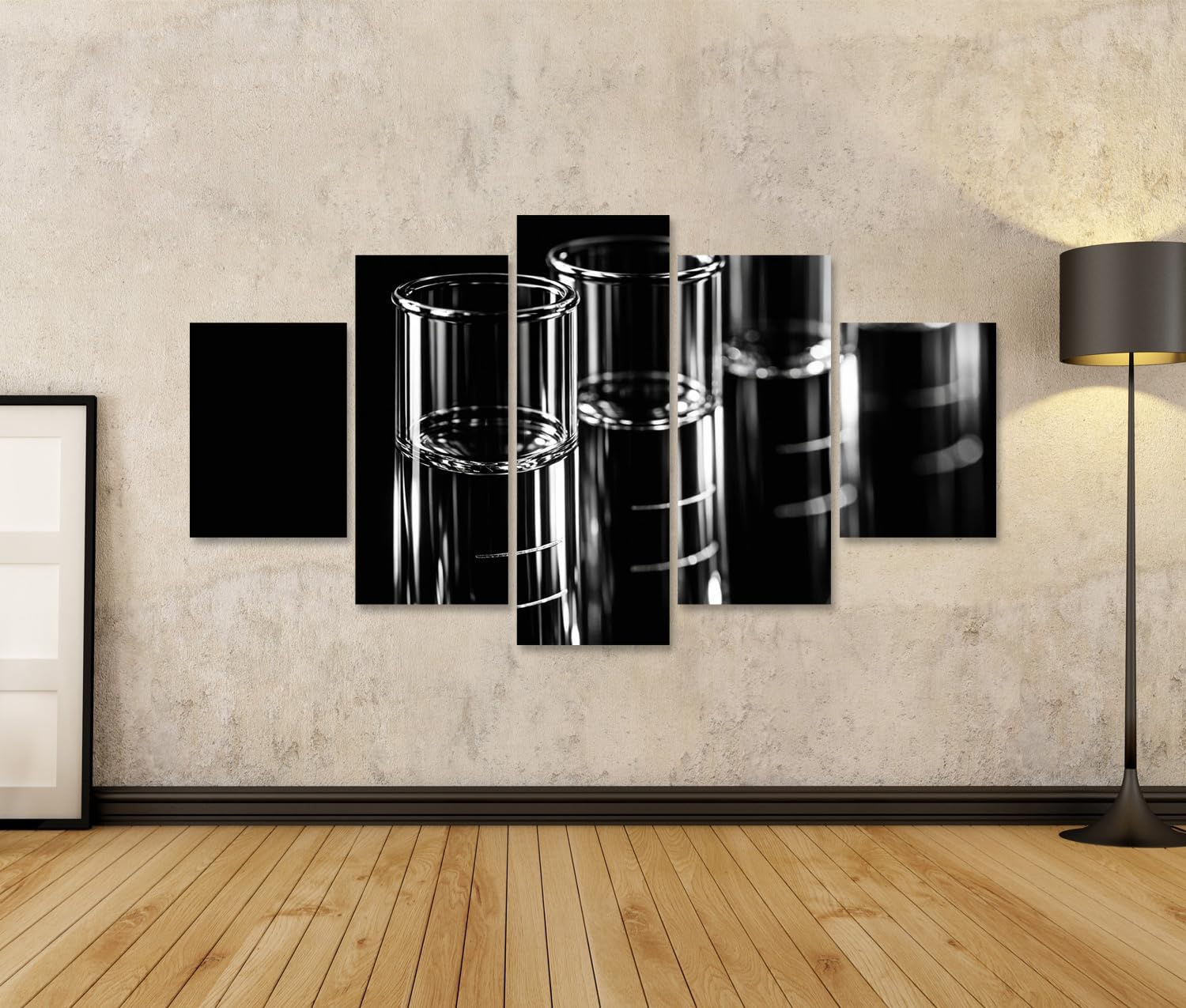 islandburner Bild auf Leinwand Minimalistisches Wandbild mit Reagenzgläsern in Schwarz-Weiß - 5-teilig