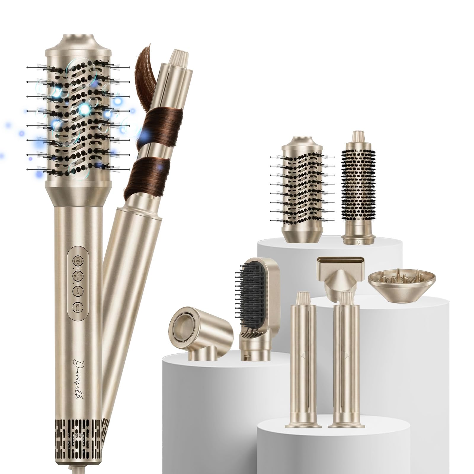 DORISILK 8 in 1 Hair Styler & Hair Dryer Brush Blow Dryer, 110,000 RPM High-Speed Hot Air Brush Auto Wrap Curlers, Frizz-Free Ionic for Straightening Curling Volumizing Fast Drying, Champagne Gold Champagne Finish