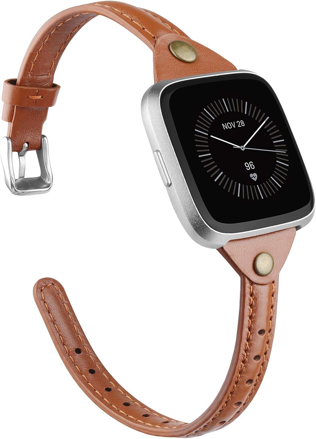 TOYOUTHS Slim Strap Compatible with Fitbit Versa 2/Versa/Lite/Special Edition Bands for Women Men Thin Genuine Leather Replacement Wristbands Handmade Watch Band, Brown