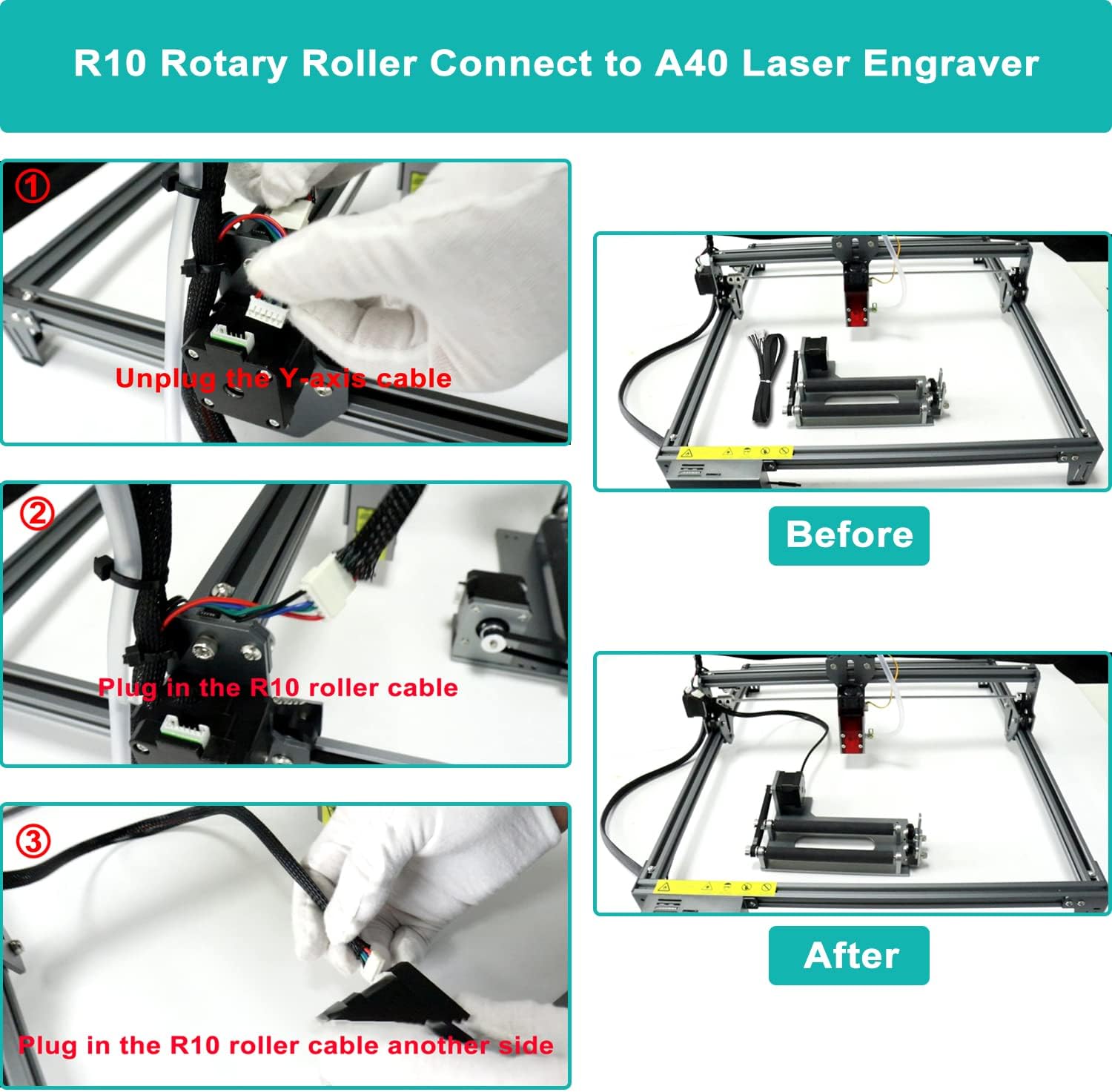 Step-by-step guide for connecting the R10 rotary roller to the ZBAITU A40 laser engraver, detailing cable disconnection and reconnection.