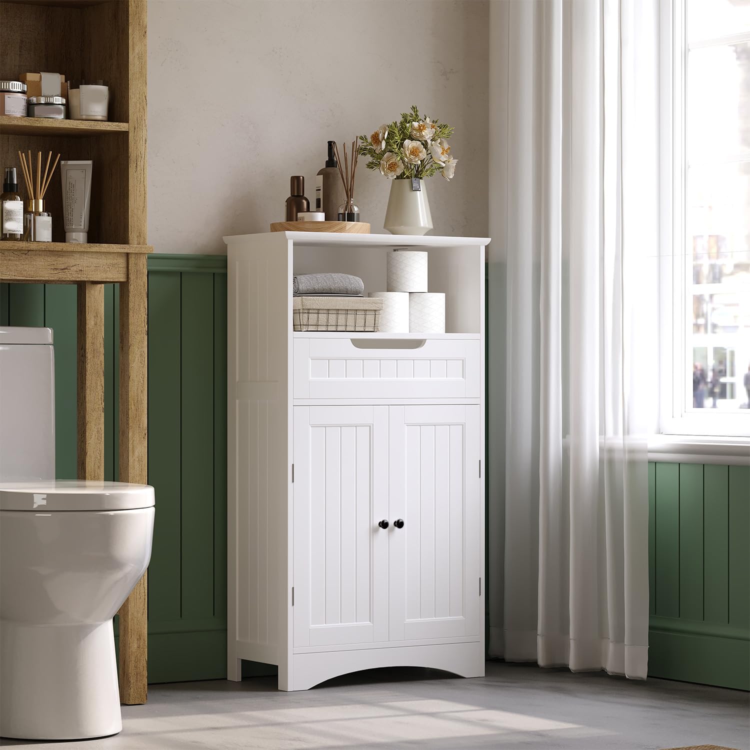 Mueble de baño, Mueble de baño con 1 Estante Abierto, 1 cajón y 1 Estante Ajustable, para baño, salón, Comedor, 60 x 30 x 170 cm (Blanco)