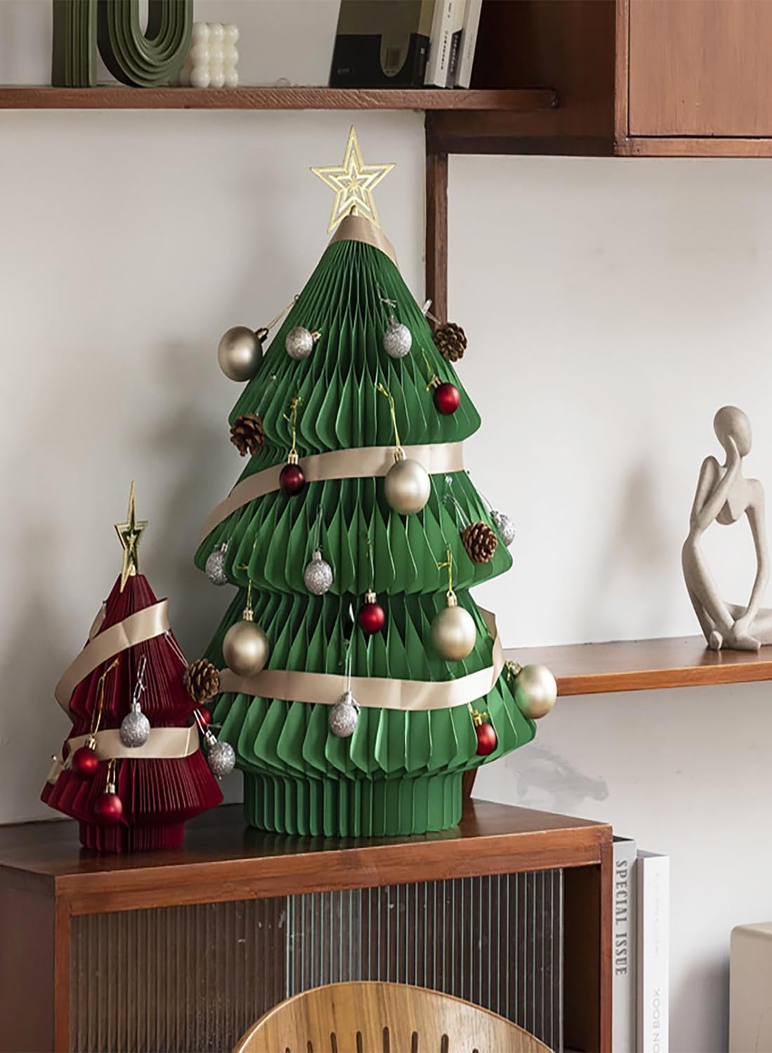 Albero di Natale di Carta, Decorazioni per Feste di Natale per Tavoli Decorazioni per la Casa, Decorazione Pieghevole per Albero di Natale In Carta Kraft con Luce USB e Ornamenti green L