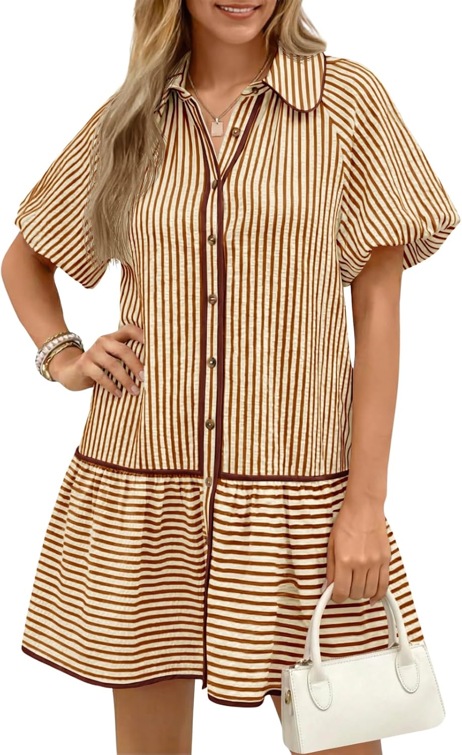 Wenrine Womens Summer Button Down Shirt Dress Casual Striped Puff Short Sleeve Collared Loose Mini Dresses with Pockets