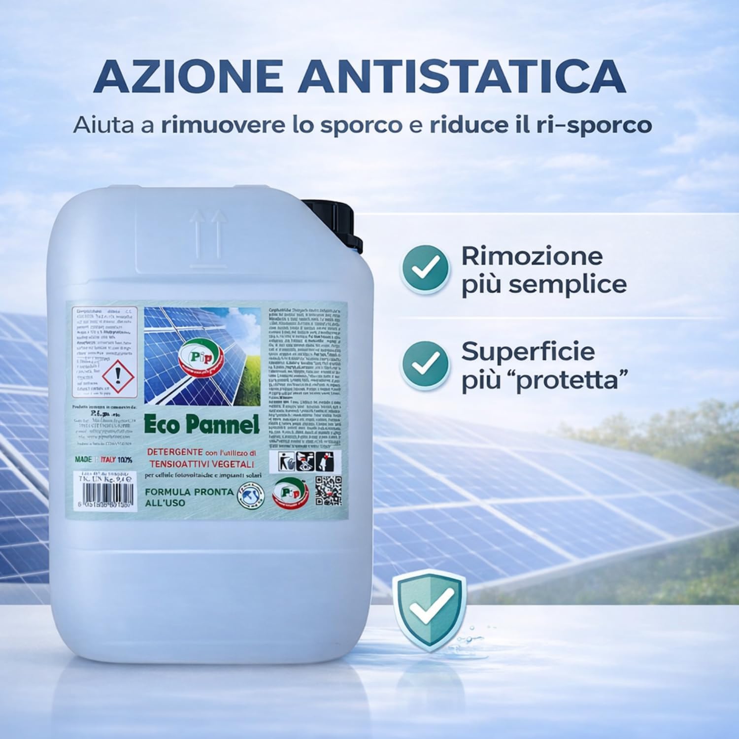 PIP Eco Pannel Detergente per Pannelli Fotovoltaici Pronto all’Uso 25L, Made in Italy – Pulizia Pannelli Solari Vegetale Ecologico Antistatico, Non Richiede Raccolta Acqua – Fino a 250 m² (25L)