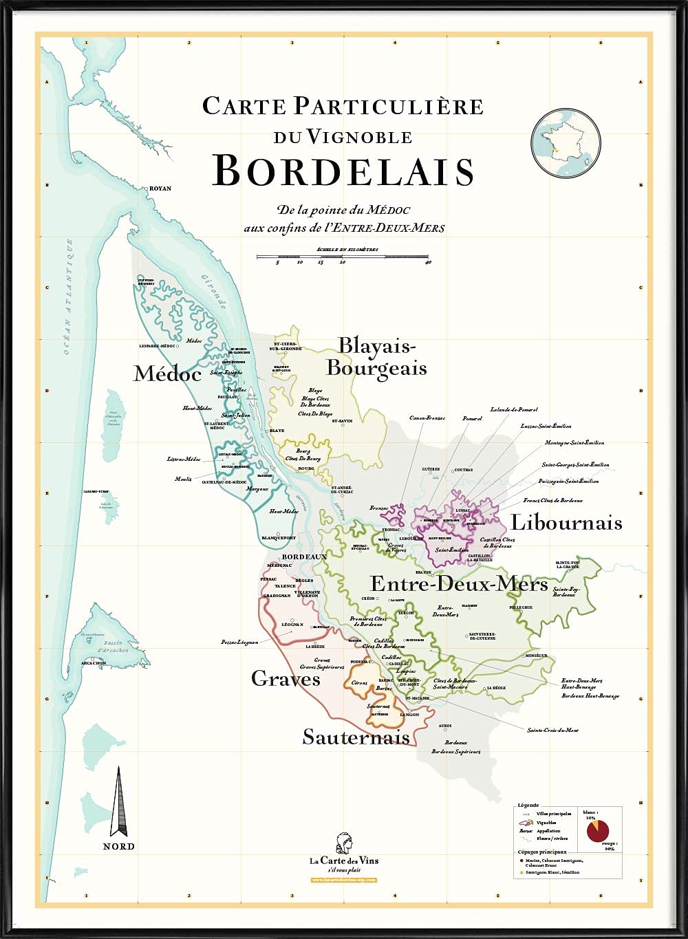 Carte des Vins de Bordeaux 50 x 70 cm poster oenologie et affiche terroir girondin
