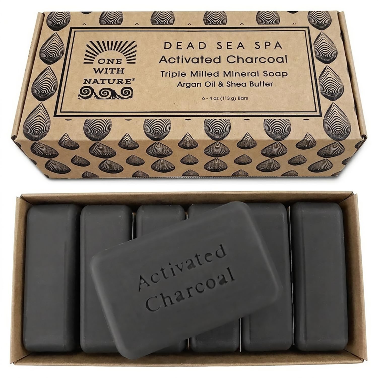 One With Nature Activated Charcoal Soap 4oz 6-Pack Gift Box – Detoxifying and Exfoliating Charcoal Soap Bar with Dead Sea Salt for Face & Body, for Men & Women