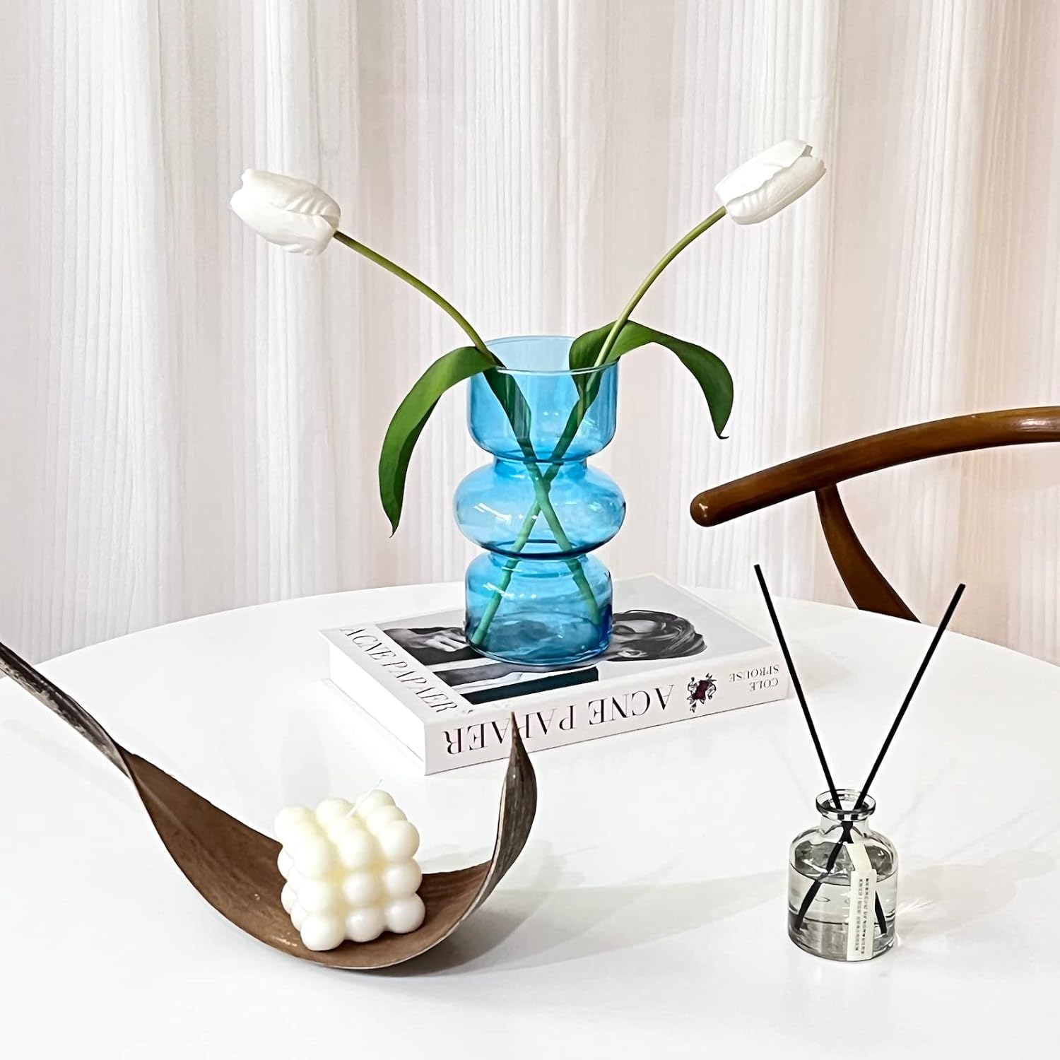 BLOFLO Blue Transparent Glass Hydroponic Vase, 7Inches Colored Glass Vase for Flower, Modern Geometric Three-Layer Floral Vases for Home Office Wedding Table Décor(Blue) - Image 9