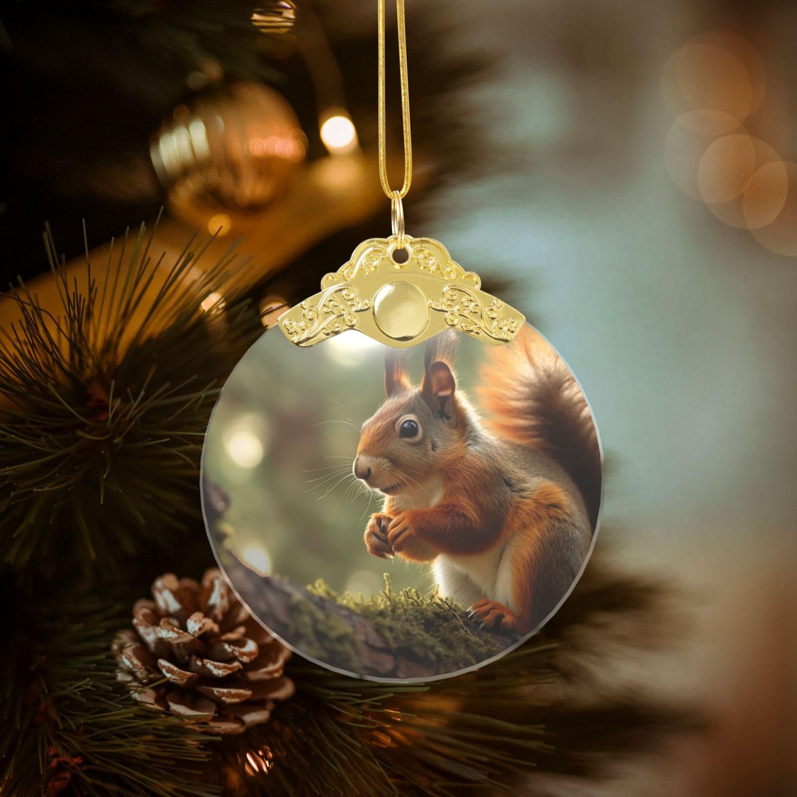 Crystal Christmas Ornaments for Christmas Tree Decoration Hanging Wildlife Forest Squirrel Ornament with Gold Ribbon Crafts Round Pendant for Keepsake Gifts Glass Xmas Decor Party Supplies