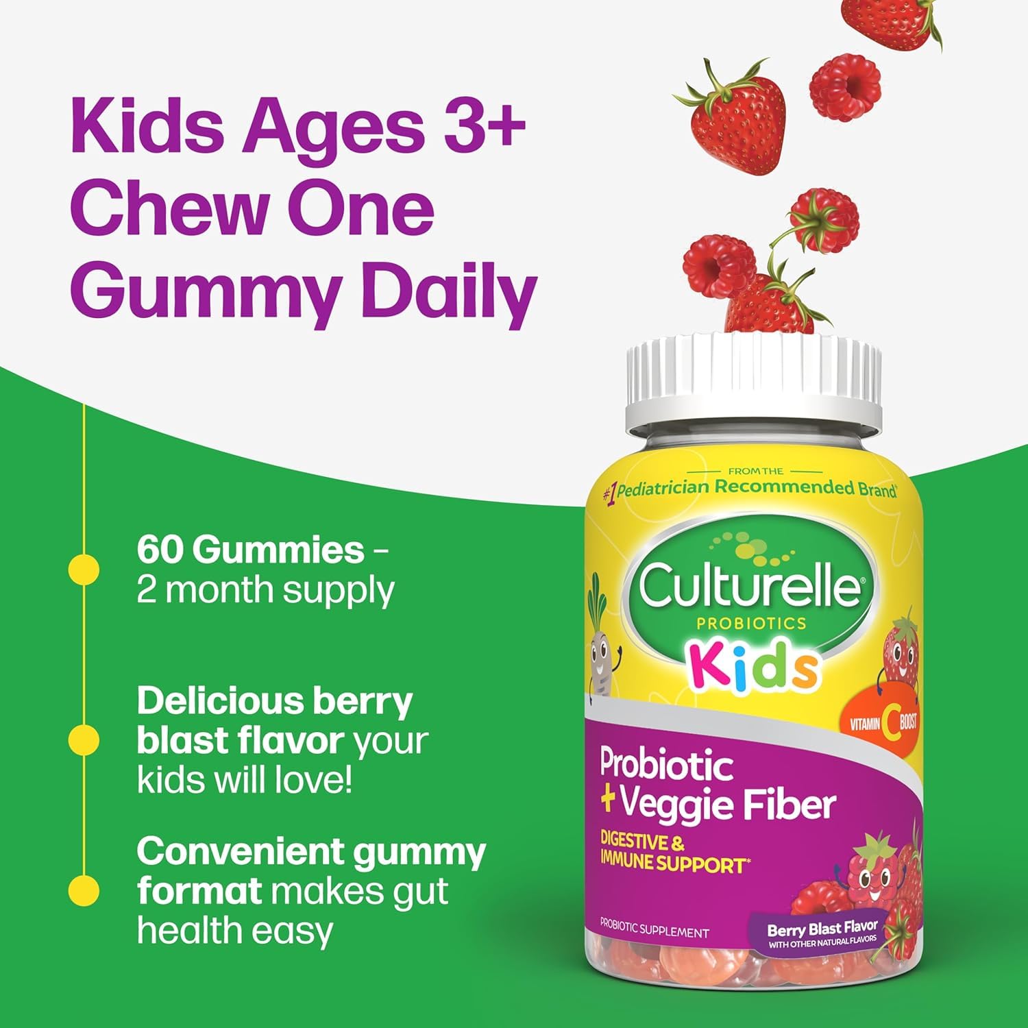 Culturelle Kids Probiotic + Veggie Fiber Gummies, Ages 3+, Berry, 60 Count — Amazon image 3