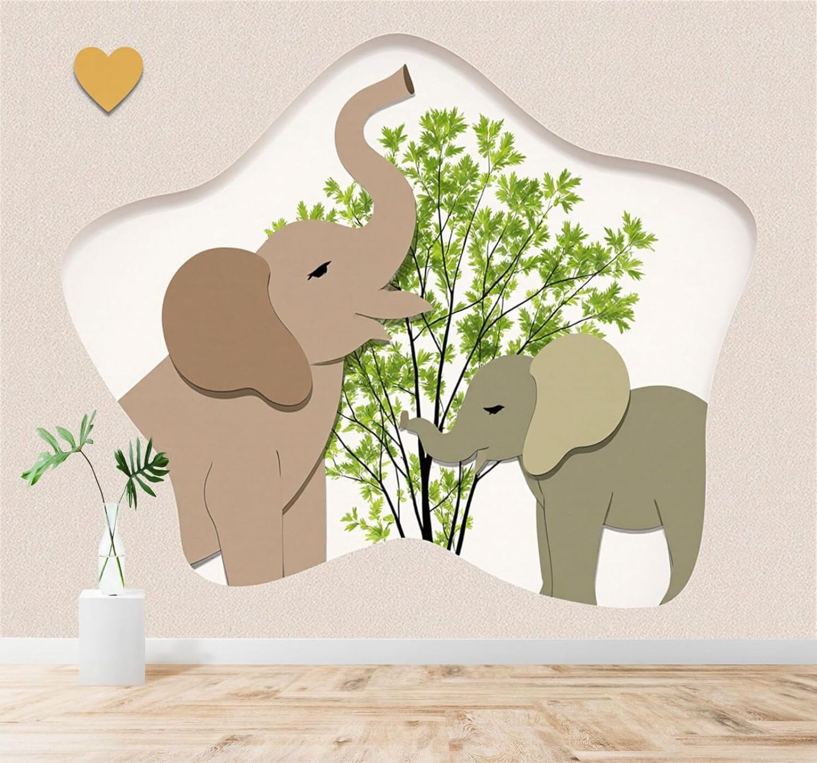 Xlming 400Cm×280Cm(B×H) Green Leaves Heart Shaped Art Cartoon Elephant 3D Wallpaper Premium Textured Silk Study Dining Living Room Bedroom Sofa Tv Wall Easy Install-400Cm×280Cm