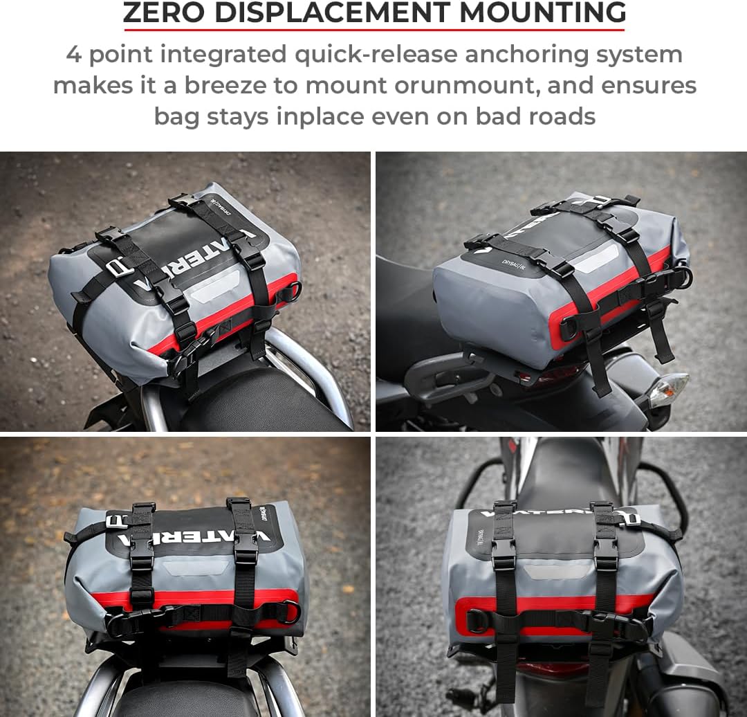 ViaTerra Waterproof Motorcycle Tail Bag 8L – Compact Rear Seat Tool Bag, Universal Fit Dry Bag for Motorbike, Small Luggage for Commuting, Dual Sport & Adventure Riding