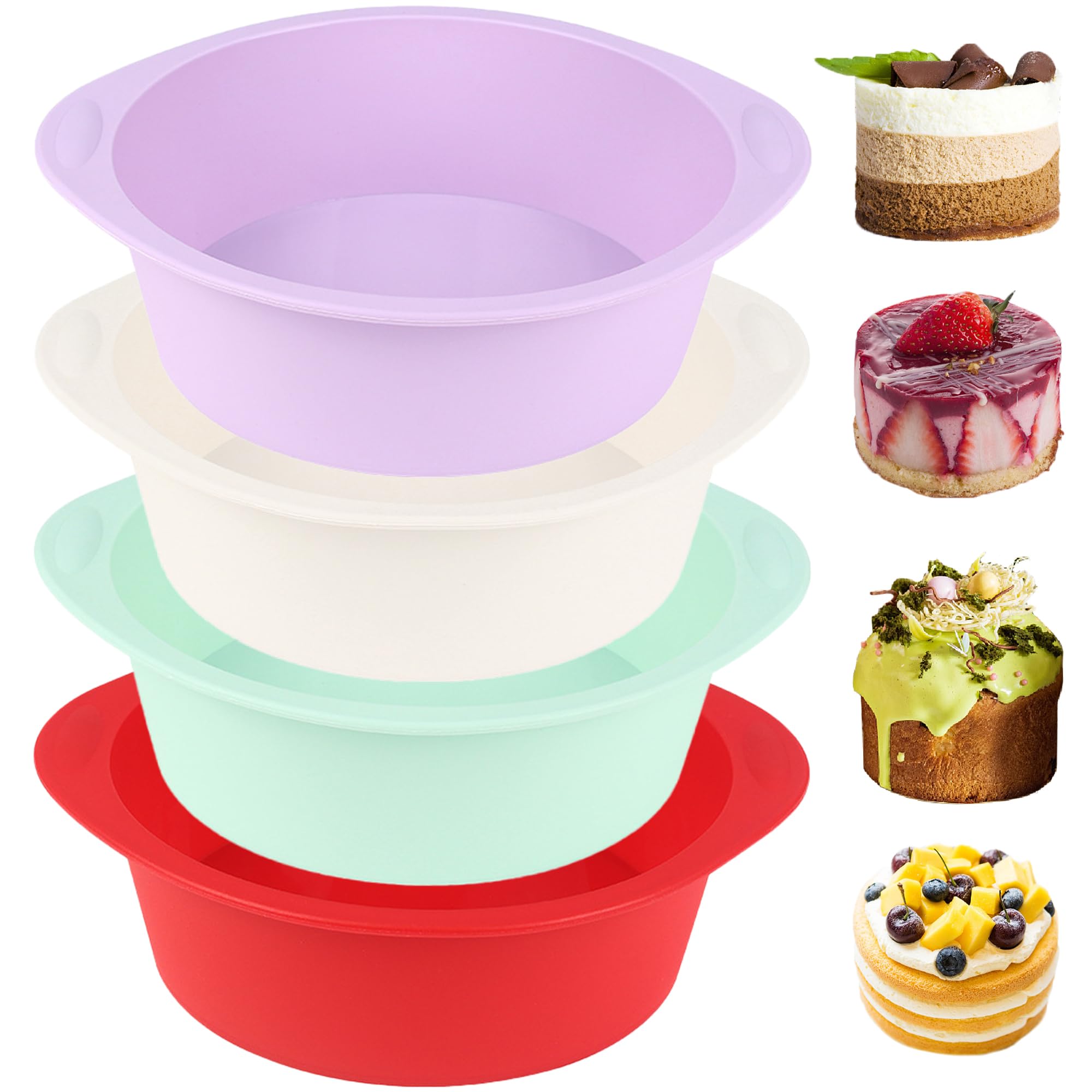 Mlying 4 Stück Silikon Kuchenform Rund, Antihaft Klein Backform 15cm, Silikonform für Kuchen, Käsekuchen und Brote (Rot+Weiß+Lila+Grün, Rund)