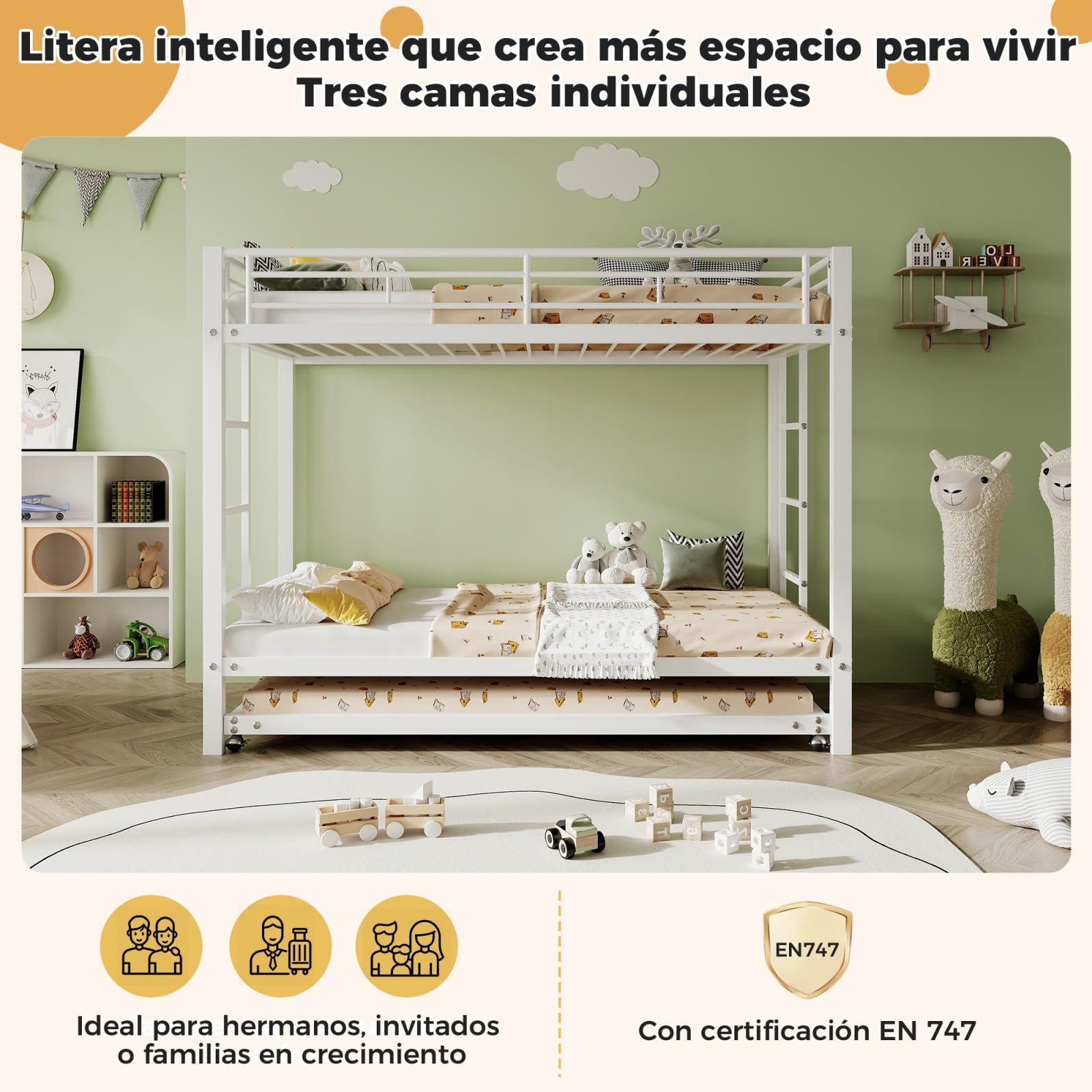 YEHTOKHOME Litera de 3 plazas 90 x 190 de metal con cama Gigogne, Convertible en 3 camas individuales, escalera antideslizante, barreras de seguridad, para adolescentes (sin colchón)(blanco, C)