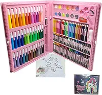 Maleta de Pintura Infantil 150 Peças Dinossauro ou Unicórnio Giz, Canetinhas, Lápis de Cor, Aquarela, Kit Completo (Rosa Unicórnio)