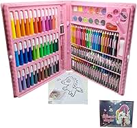 Maleta de Pintura Infantil 150 Peças Dinossauro ou Unicórnio Giz, Canetinhas, Lápis de Cor, Aquarela, Kit Completo (Rosa Unicórnio)