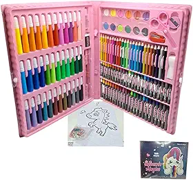 Maleta de Pintura Infantil 150 Peças Dinossauro ou Unicórnio Giz, Canetinhas, Lápis de Cor, Aquarela, Kit Completo (Rosa Unicórnio)