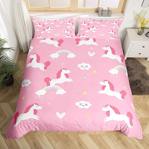 Miniatura 3 de Juego de ropa de cama de unicornio para niñas, funda de edredón con estampado de caballo de ensueño para dormitorio de bebé, decoración de animales