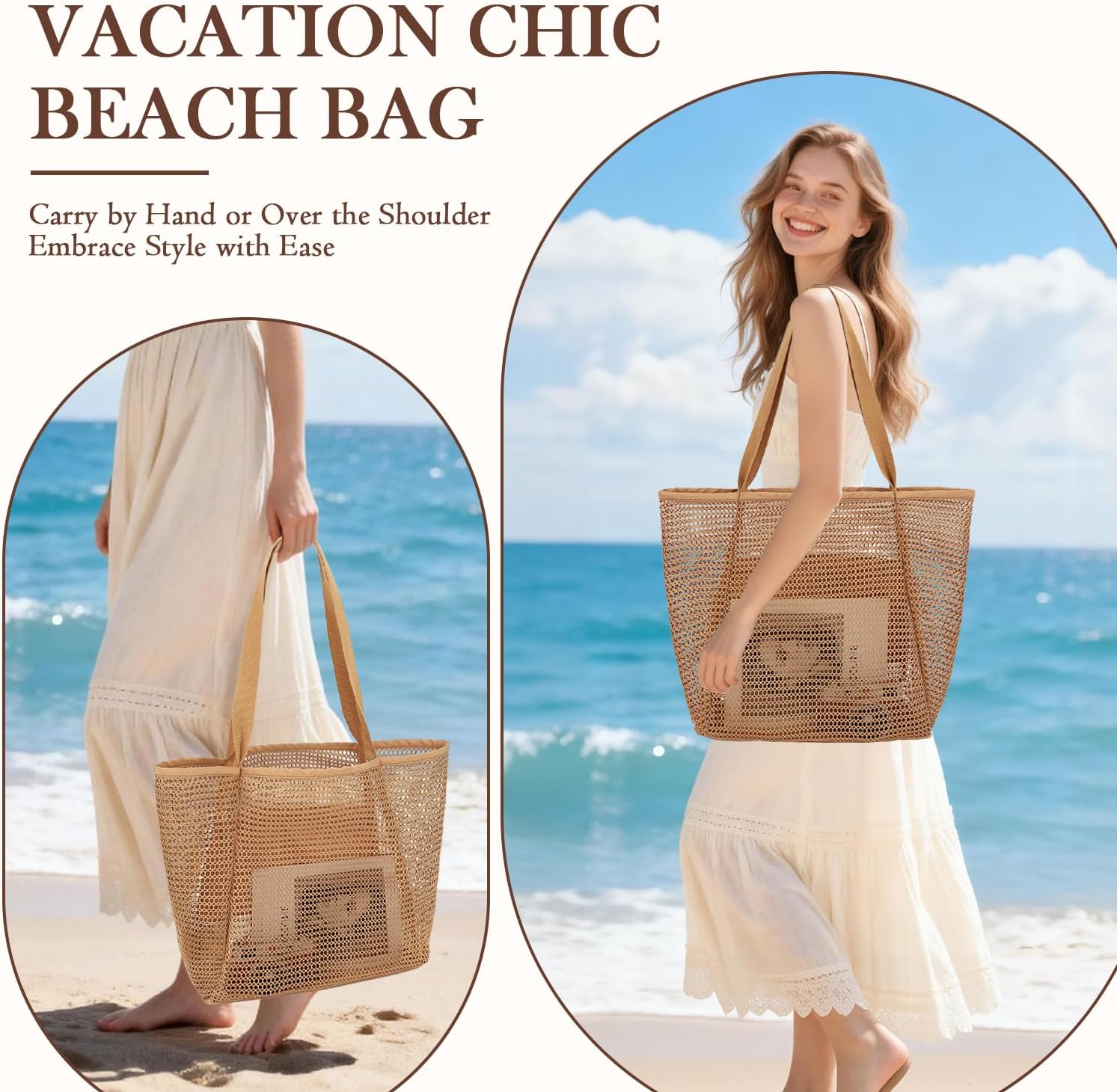 Fammart Mesh Beach Bag for Women, Summer Straw Tote Hobo Pool Bags with Zipper Pocket, Travel Vacation Cruise Essentials 2026