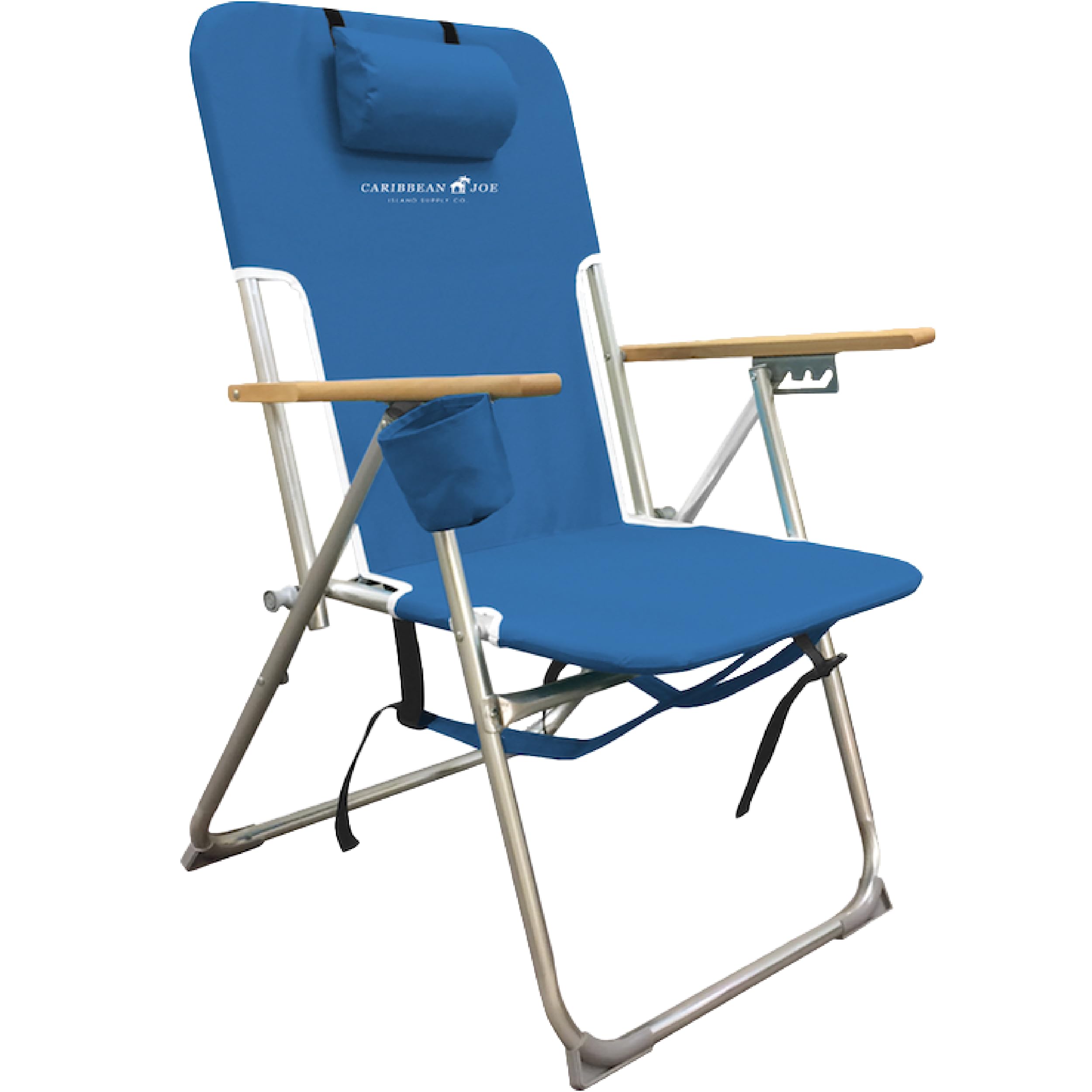 Caribbean Joe Folding Beach Chair, 4 Position Portable Backpack Foldable Camping Chair with Headrest, Cup Holder, and Wooden Armrests
