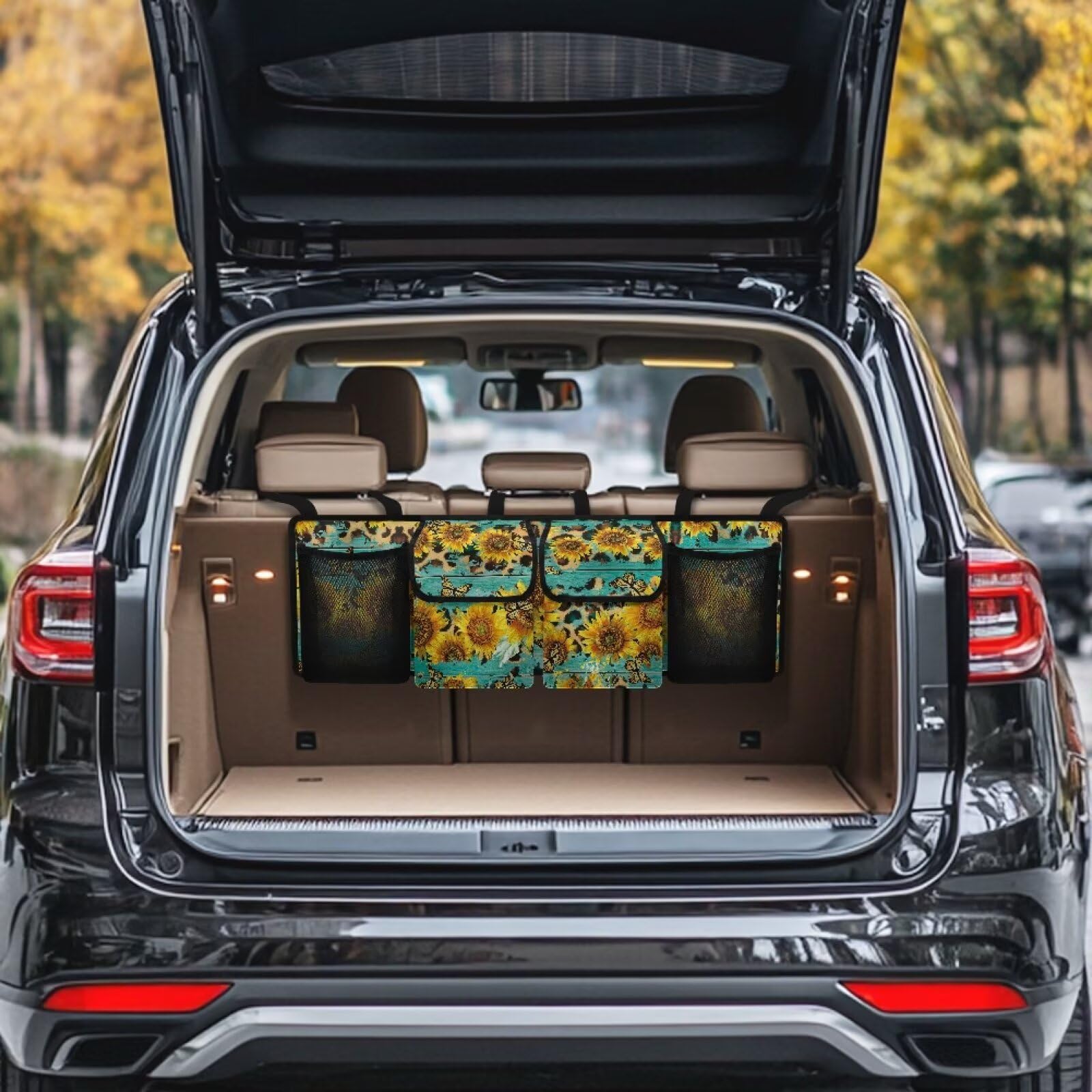 FUIALDOLG Yellow Sunflower Butterfly Car Trunk Storage Bag Collapsible Storage Bag Equipped with Robust Elastic Net Sturdy Organization for Car Accessories, Tools, Sundries